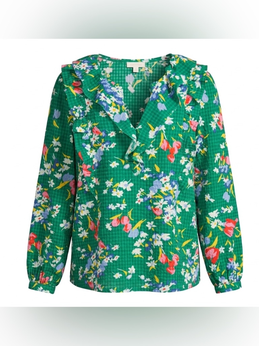 LOFT Green Gingham Floral Ruffle Blouse Cottagecore Spring Romantic Top- Large